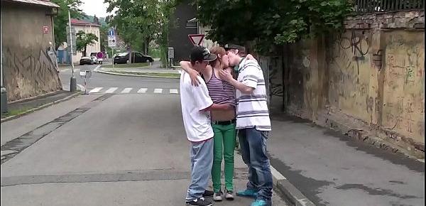  Street sex with a cute teen girl Alexis Crystal and 2 young guys in public orgy